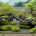 Tranquil Japanese Garden Scene With Rock Waterfall Wooden Fence Green Plants And Tatami Seats