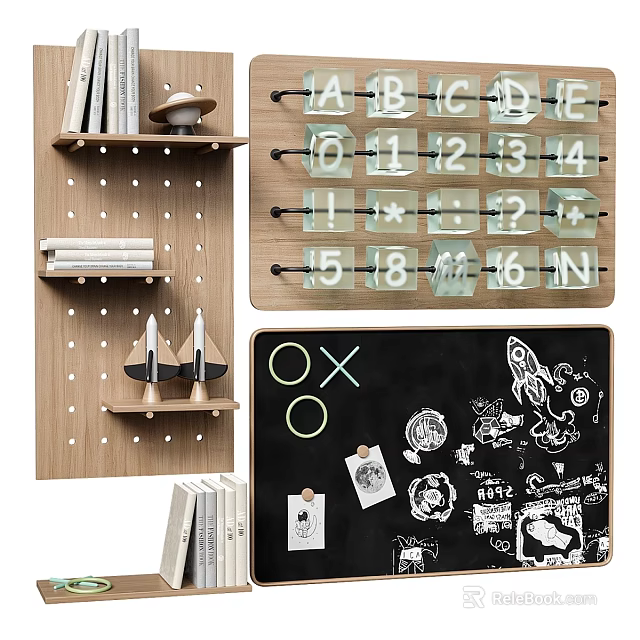 Creative Home Decor Featuring Wooden Shelves Alphabet Cards Blackboard Stickers And Books 3d model 