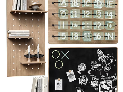 Creative Home Decor Featuring Wooden Shelves Alphabet Cards Blackboard Stickers And Books 3d model