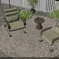 Garden Landscape with Outdoor Leisure Chairs Round Table and Lush Greenery on Wooden Deck
