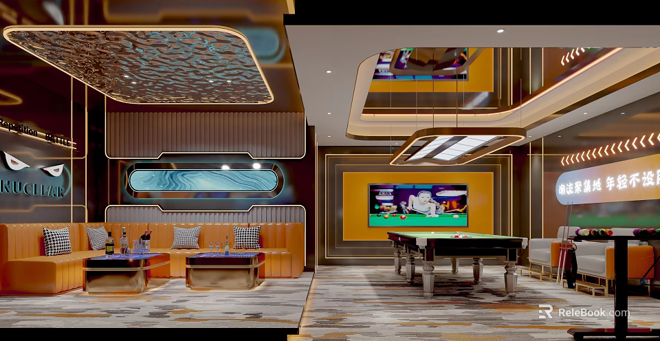 Modern KTV Lounge Interior Design With Sofa Seating Billiard Table TV Screen And Ceiling Decor 3d model 
