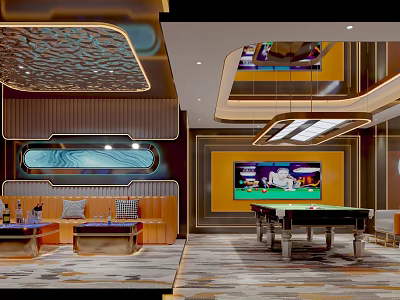 Modern KTV Lounge Interior Design With Sofa Seating Billiard Table TV Screen And Ceiling Decor 3d model