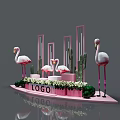 Pink Flamingo And Cactus Decor With Green Spherical Ornaments White Flowers And LOGO 3d model