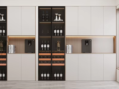 Modern Wine Cabinet Design With Built in Racks Wine Bottles And Ambient Lighting 3d model