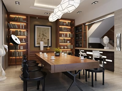 Modern Conference Room With Wooden Table Black Chairs Bookshelves Potted Plant And Chandelier 3d model
