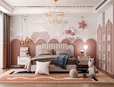 Light Luxury Children's Room Girls' Room Children's Bedroom Bedside Background Wall Bedclothes Wardrobe Chandelier 3d model