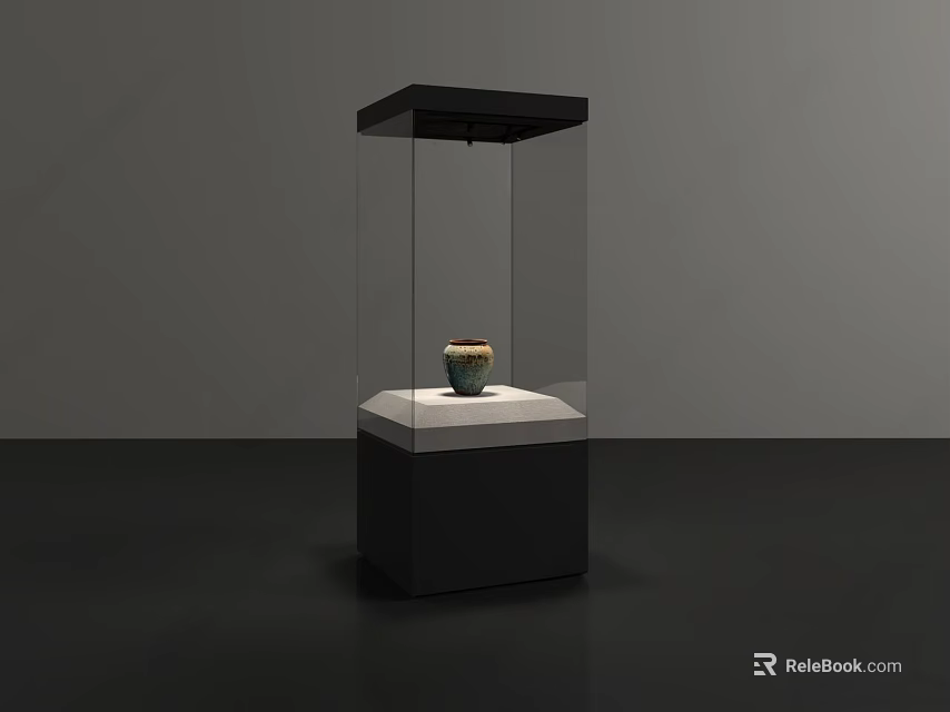 Modern Display Cabinet with Glass Front and Ceramic Jar on White Pedestal in Minimalist Design 3d model 