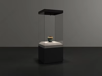 Modern Display Cabinet with Glass Front and Ceramic Jar on White Pedestal in Minimalist Design 3d model