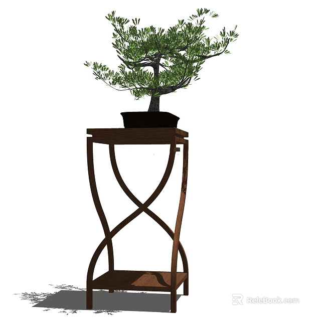 Bonsai Plant on Wooden Stand with Cross Design and Green Foliage for Indoor Decoration 3d model 