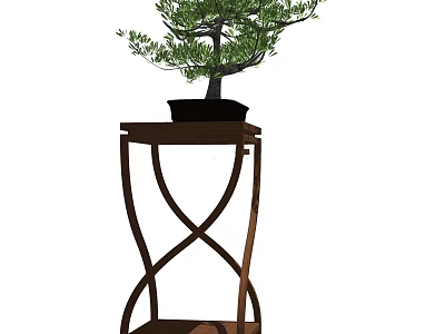 Bonsai Plant on Wooden Stand with Cross Design and Green Foliage for Indoor Decoration 3d model