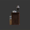 Wooden Reception Desk Setup With Table Lamp Printer Telephone Papers And Cardboard Boxes