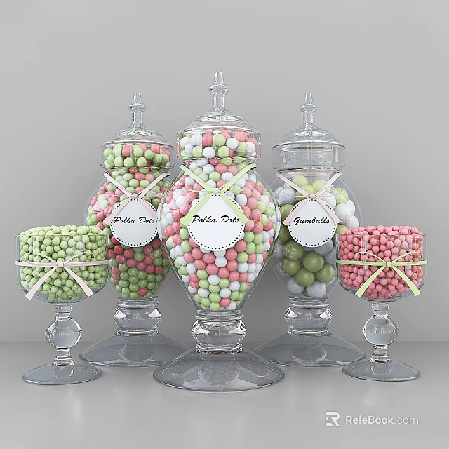 Assorted Colorful Fruit Drops And Gumballs In Glass Jars With Ribbons 3d model 