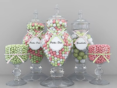 Assorted Colorful Fruit Drops And Gumballs In Glass Jars With Ribbons 3d model