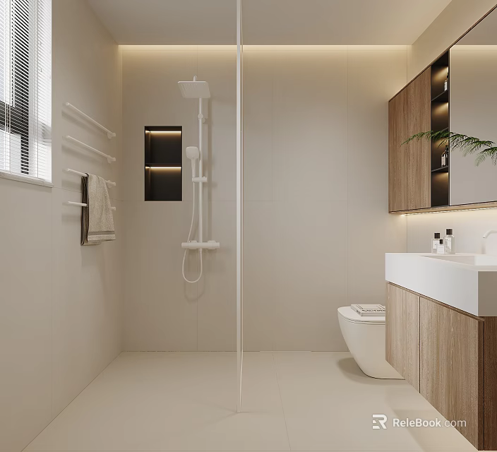 Modern Bathroom Interior Design With Glass Shower Toilet Wooden Vanity Mirror And Window 3d model 