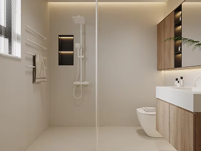 Modern Bathroom Interior Design With Glass Shower Toilet Wooden Vanity Mirror And Window 3d model