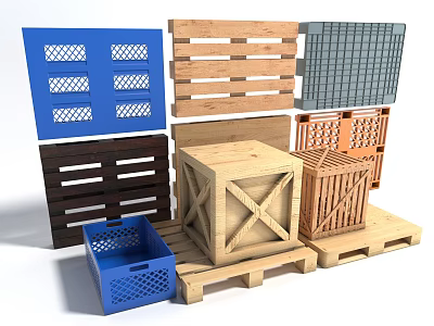 Hardware Tools With Various Wooden Plastic Pallets Crates And Storage Baskets 3d model