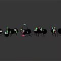 Small Black Furry Creatures With Eyes And Legs Holding Colorful Objects On Gray Reflective Surface