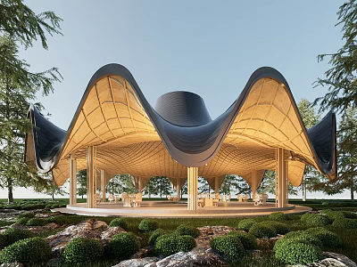Serene Garden Landscape Featuring Unique Wavy Roof Wooden Pavilion With Lush Greenery Rocks And Trees 3d model