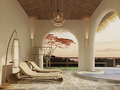 Lounge Chair On Stone Floor With Wooden Ceiling Arched Doorway And Sunset View 3d model