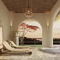 Lounge Chair On Stone Floor With Wooden Ceiling Arched Doorway And Sunset View