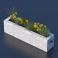 Long Rectangular Concrete Planter With Yellow Flowers And Green Grass 3d model