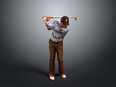 Man In Argyle Sweater Swinging Golf Club With Brown Pants And Cap 3d model