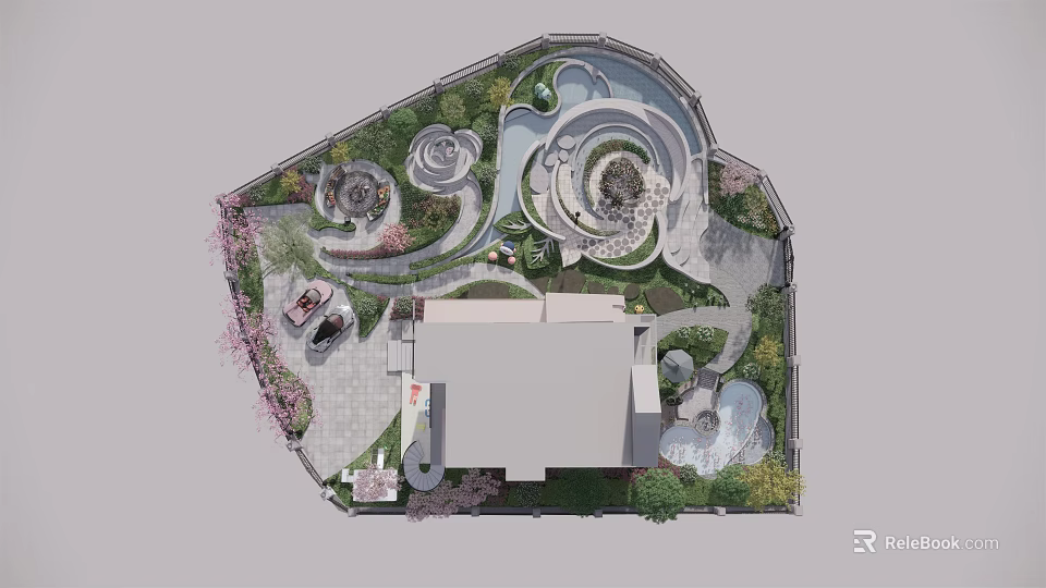 Serene Garden Landscape Design With Winding Paths Water Features And Lush Greenery 3d model 