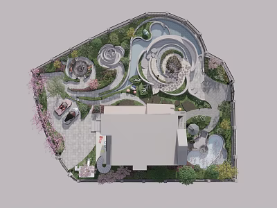 Serene Garden Landscape Design With Winding Paths Water Features And Lush Greenery 3d model