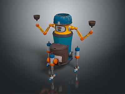 Colorful Game Film Character Robot With Blue Yellow Body Mechanical Arms And Cups 3d model