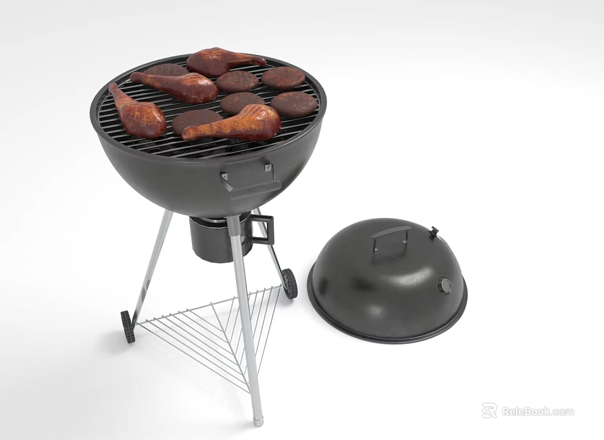 Outdoor Grill Cooking Chicken Drumsticks And Meat Pieces With Open Black Lid 3d model 