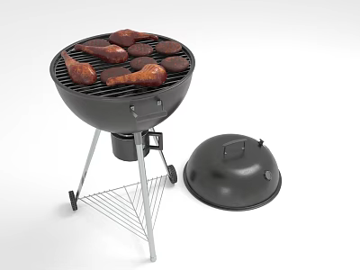 Outdoor Grill Cooking Chicken Drumsticks And Meat Pieces With Open Black Lid 3d model