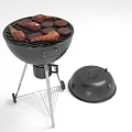 Outdoor Grill Cooking Chicken Drumsticks And Meat Pieces With Open Black Lid