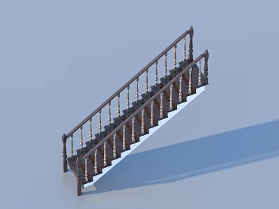 Dark Wooden Classic Staircase With Elegant Railing Balusters And Steps Design 3d model