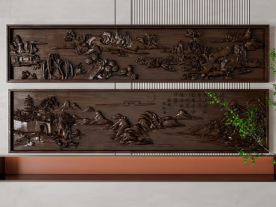 Chinese style wooden wall hanging featuring landscape trees and house carvings for modern interior decoration 3d model