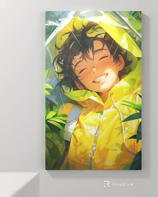 Portrait of Boy in Yellow Raincoat with Transparent Hood Smiling Closed Eyes Among Green Plants 3d model 