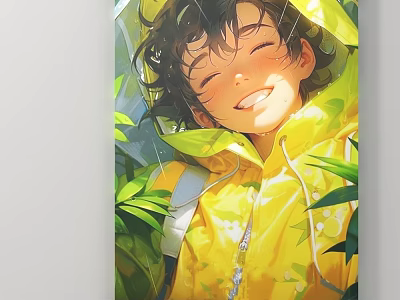 Portrait of Boy in Yellow Raincoat with Transparent Hood Smiling Closed Eyes Among Green Plants 3d model