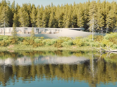 Modern Lakeside House Surrounded By Green Forest With Water Reflection 3d model