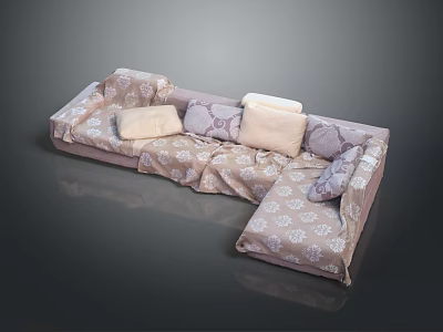 L shaped sectional sofa with floral pattern and multiple comfortable cushions 3d model