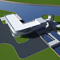 Modern Waterfront Architectural Building With Curved Design Green Lawns And Roads