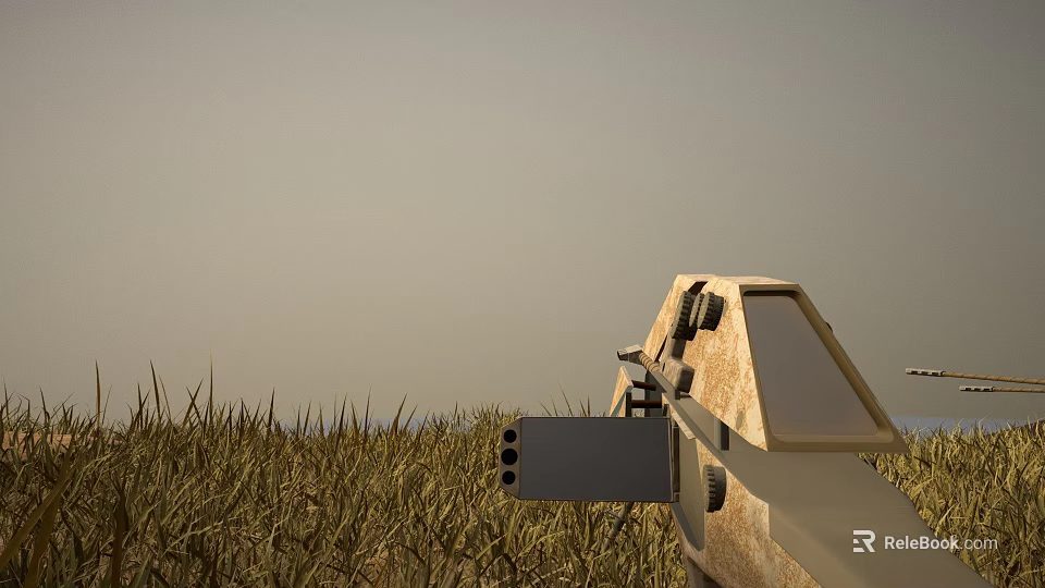 Rifle Weapon Lying On Green Grass Field With Clear Sky Above 3d model 