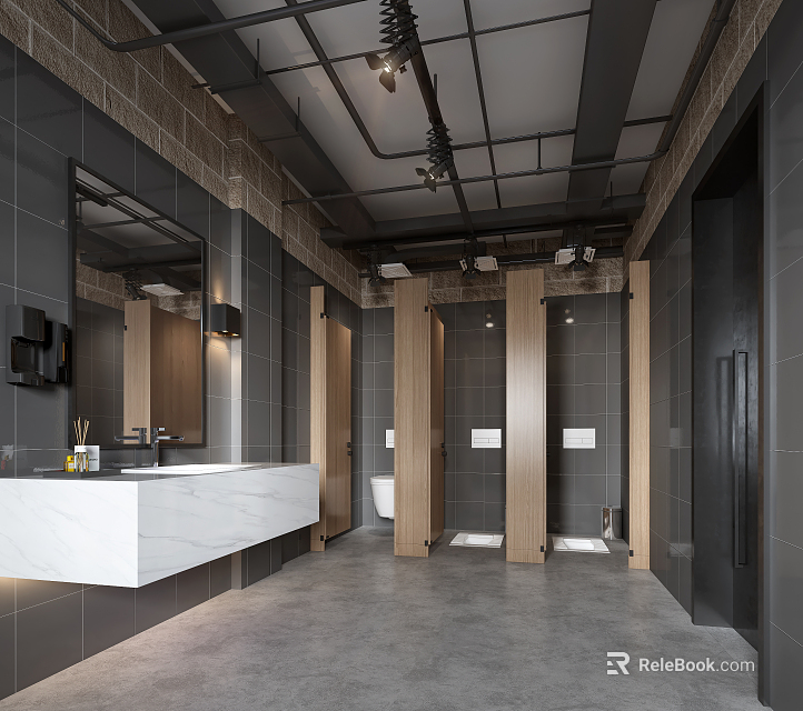 Modern Public Restroom Interior Design With Gray Tiles White Vanity Wooden Stalls And Mirrors 3d model 