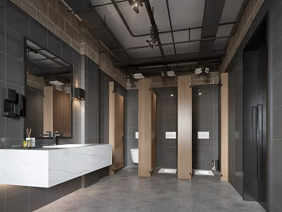 Modern Public Restroom Interior Design With Gray Tiles White Vanity Wooden Stalls And Mirrors 3d model