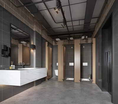Modern Public Restroom Interior Design With Gray Tiles White Vanity Wooden Stalls And Mirrors 3d model
