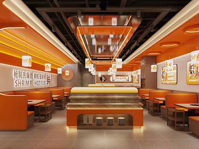 Modern Hotpot Restaurant With Orange Decor Booth Seating Pendant Lights And Warm Atmosphere 3d model