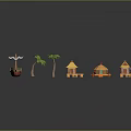 Tropical Beach Hut Buildings With Palm Trees Wooden Boat And Round Pavilion