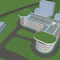 Modern Building With Circular Design White Exterior Multi Story Lawn Pedestrians And Vehicles