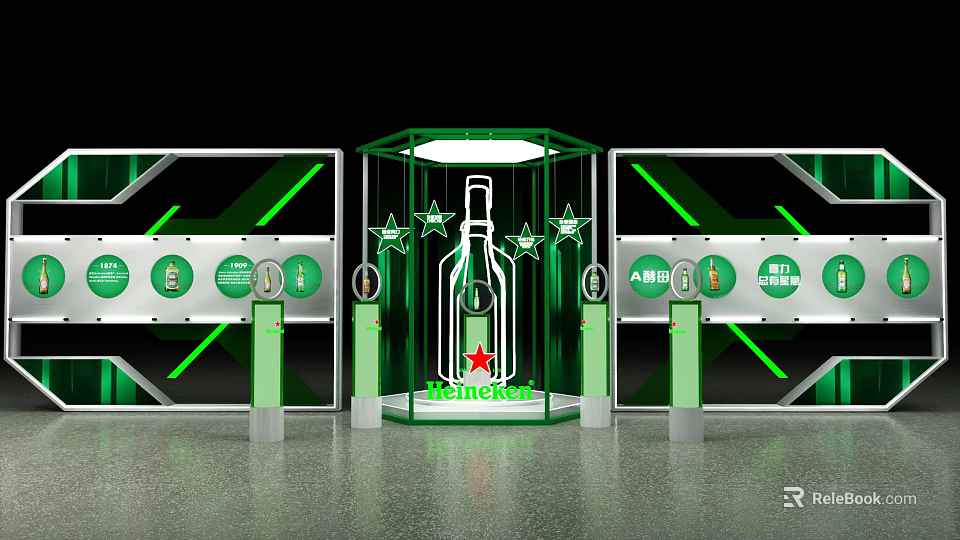 Heineken Beer Bottle Display With Green Illuminated Structure And Circular Logos 3d model
