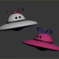 Two UFO Shaped Objects With Pink Purple Bow Ties Black Dots Eyes Suspending Black Background