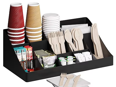 Disposable Colored Cups In Black Organizer Tray With Wooden Utensils Sugar Packets And Tea Bags 3d model