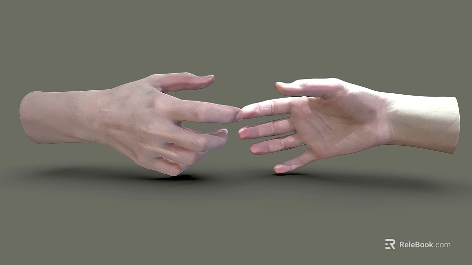 Man's Hands Reaching Out Fingers Almost Touching Gently Against Gray Background 3d model 